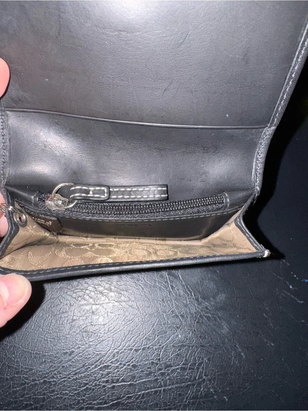 Coach Black Leather Trifold Wallet with Stitch Detailing